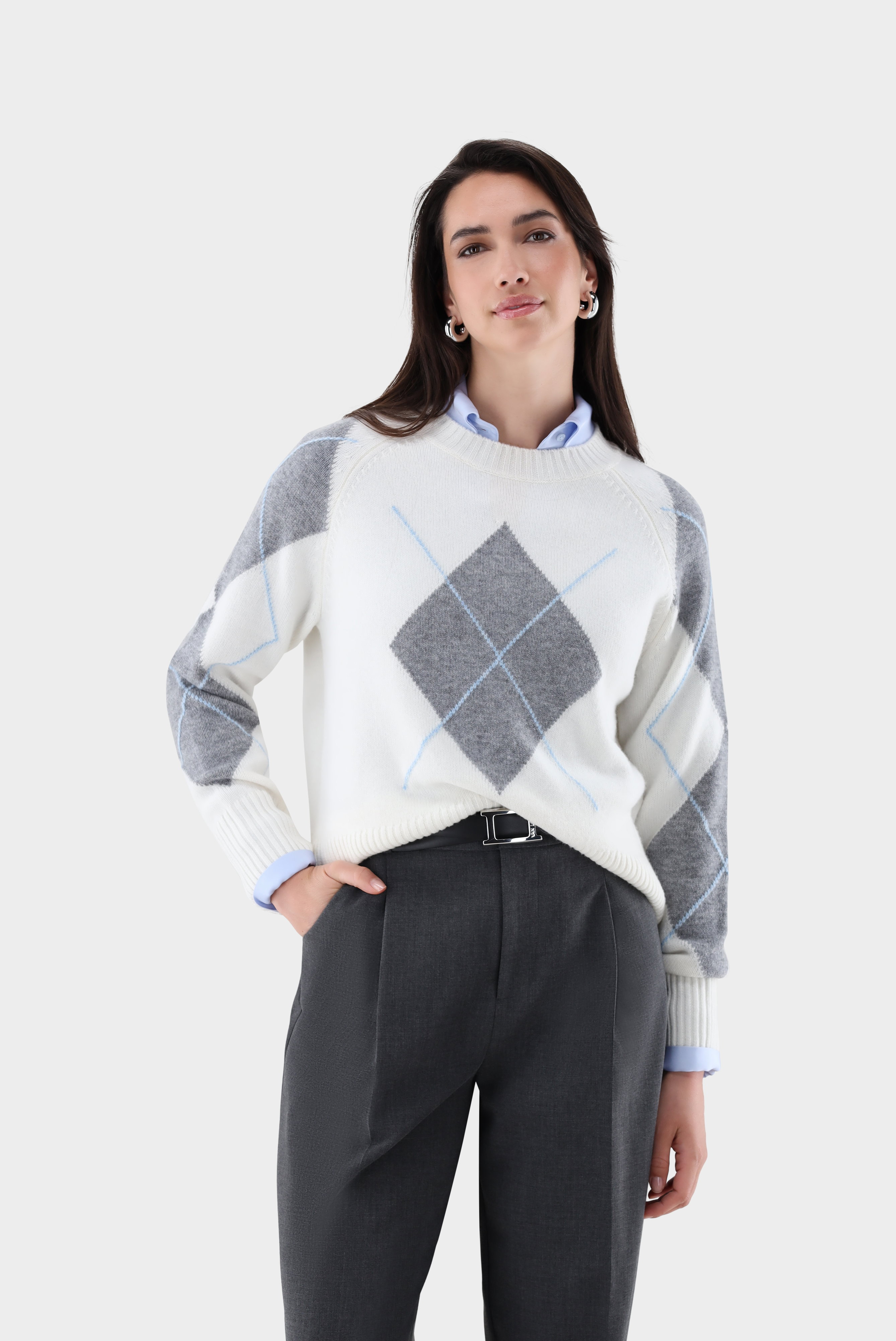 Crew-neck sweater with Argyle pattern with cashmere