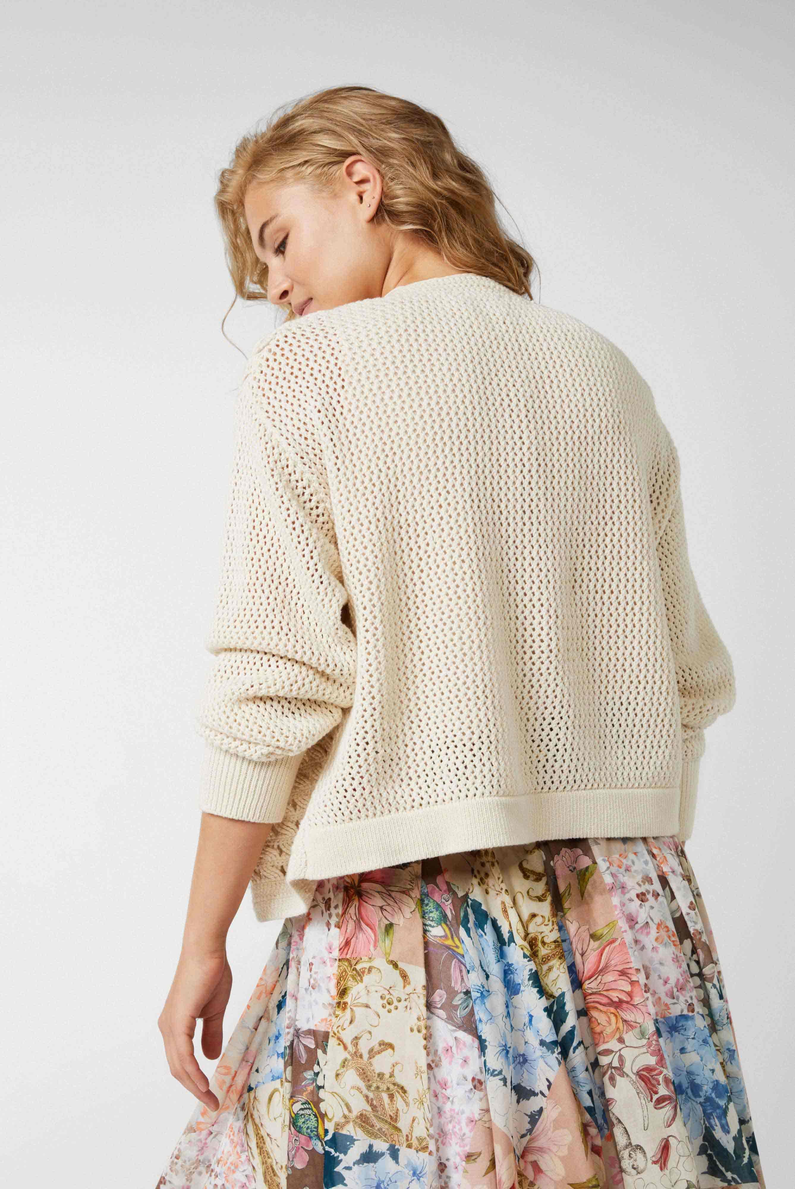 Sweaters & Cardigans+Hand-knitted crochet cardigan with long sleeves and a relaxed fit made from beige organic cotton+09.9931..S00200.120.XS