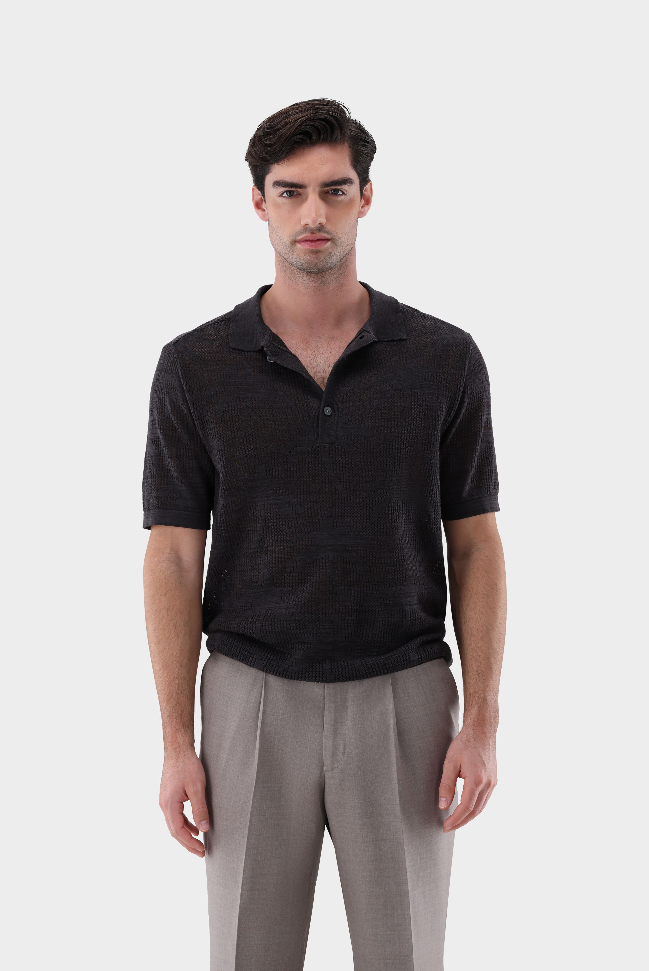 Polo shirt made of openwork knit with palm tree design