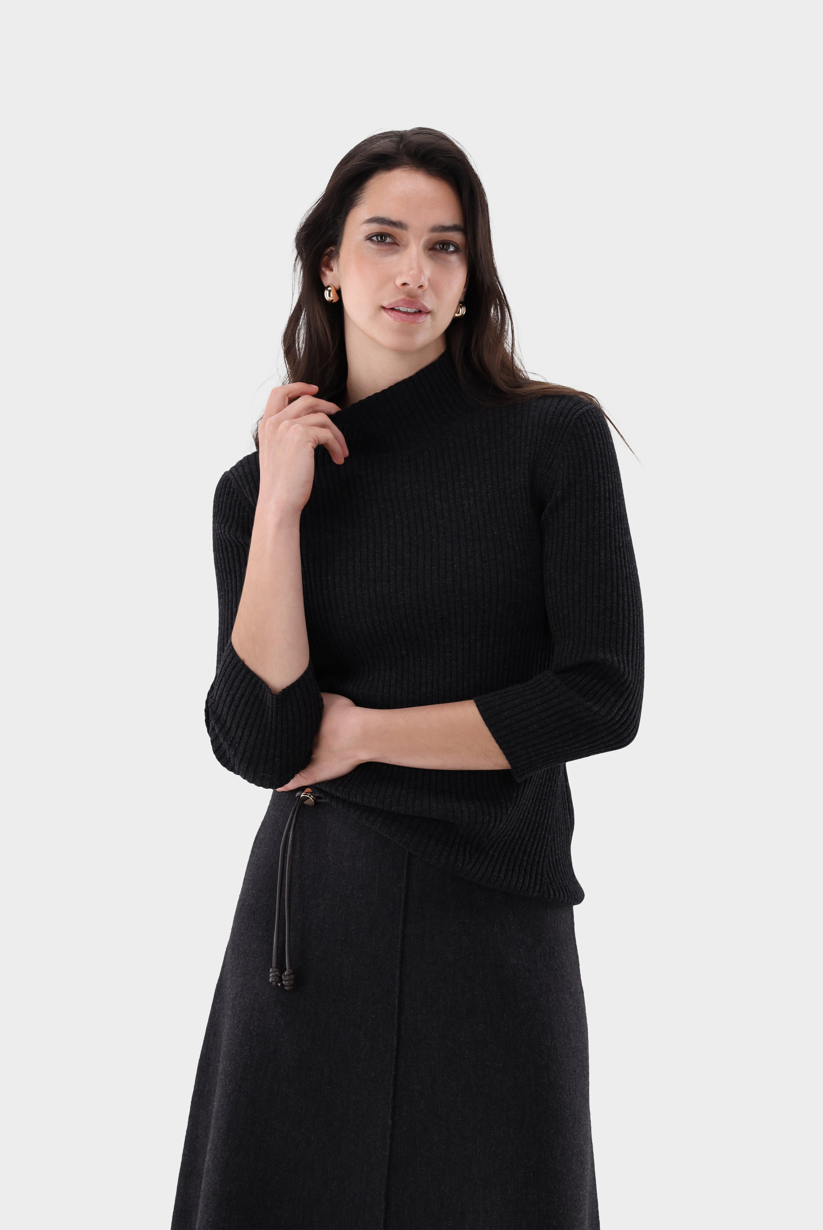 Gerippter Stehkragen-Pullover mit Merino und Viskose