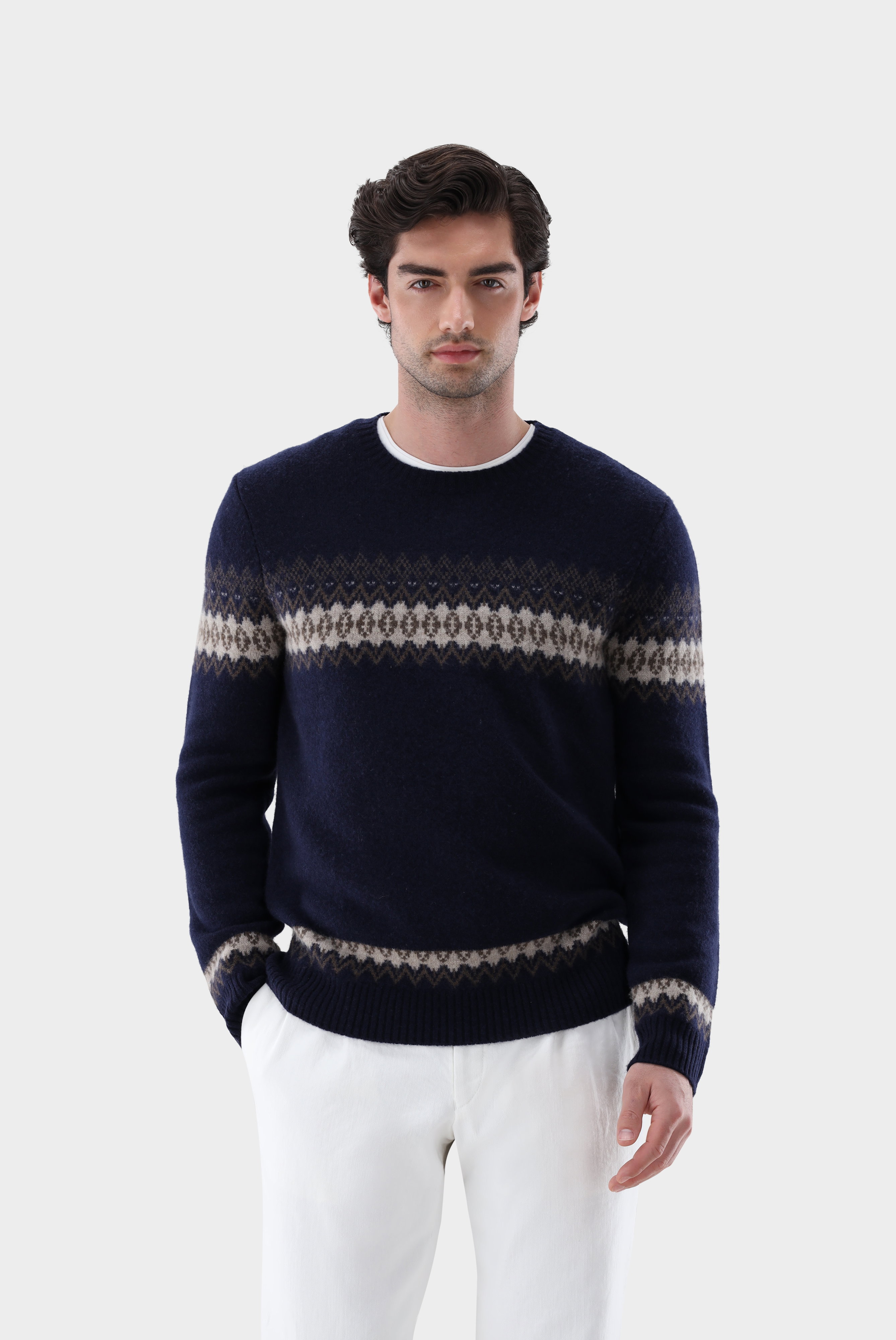 Crewneck with cashmere and argyle pattern