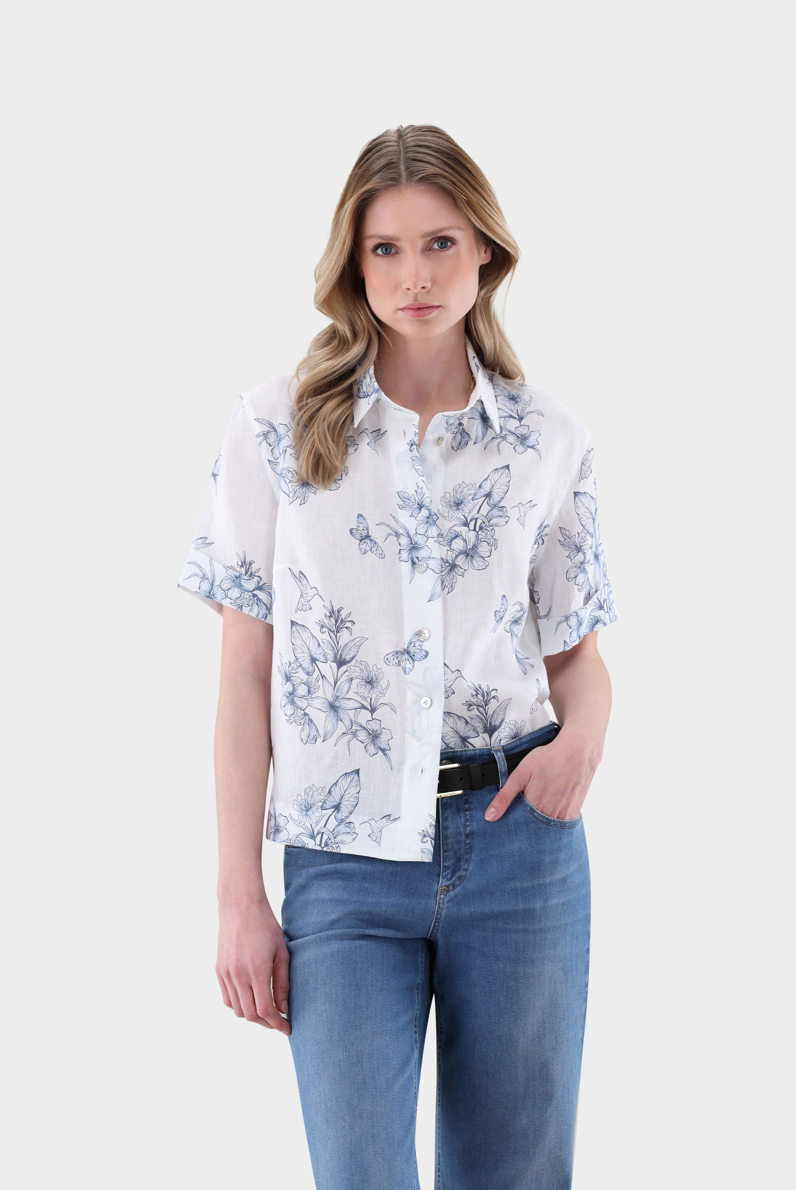 Kurzarm Hemdbluse aus Leinen mit Floralem Druck