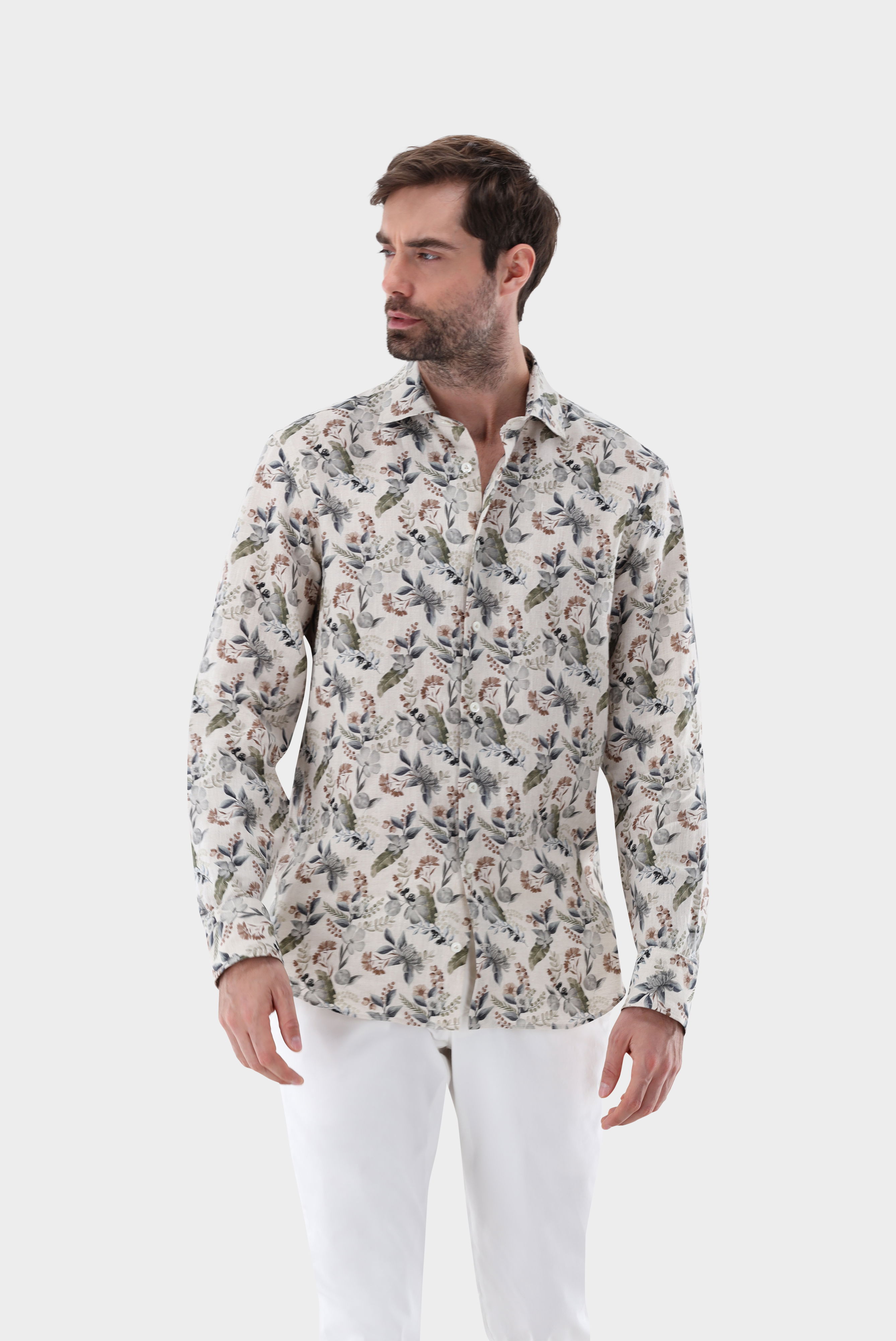 Leinenhemd mit Blumendruck Tailor Fit