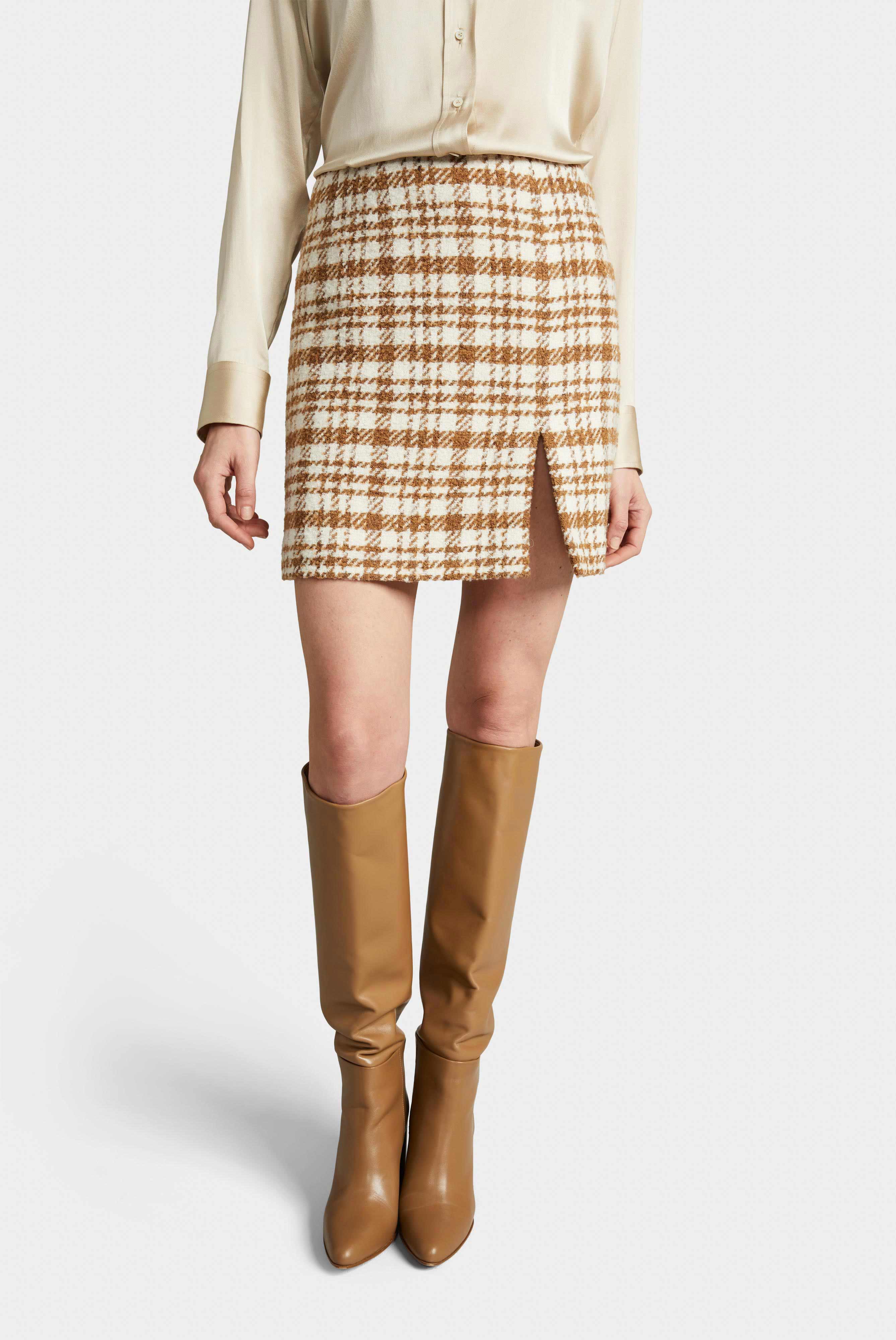 Rock aus aus Woll-Boucle Braun/Weiß Kariert