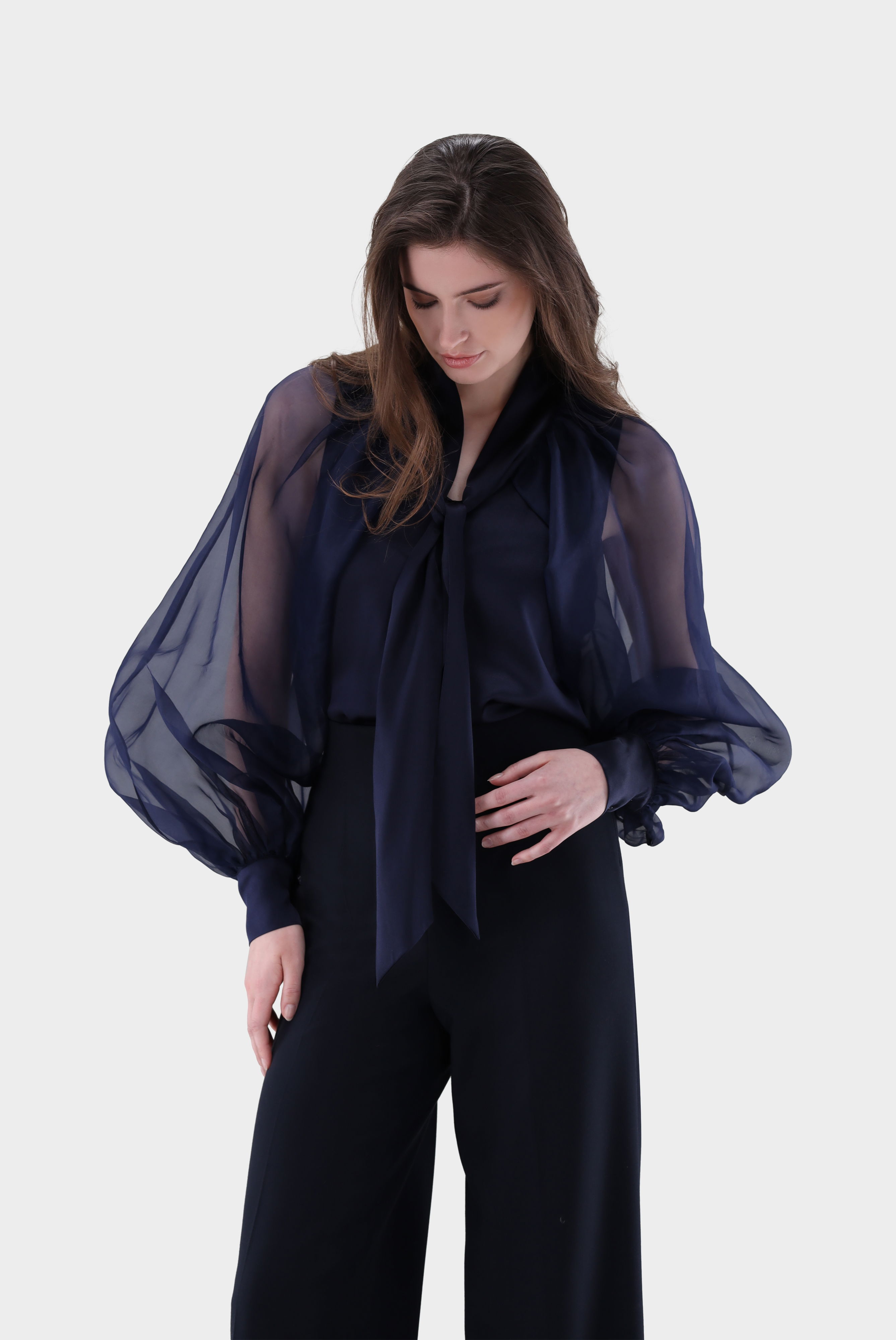 Silk blouse with wider organza sleeves